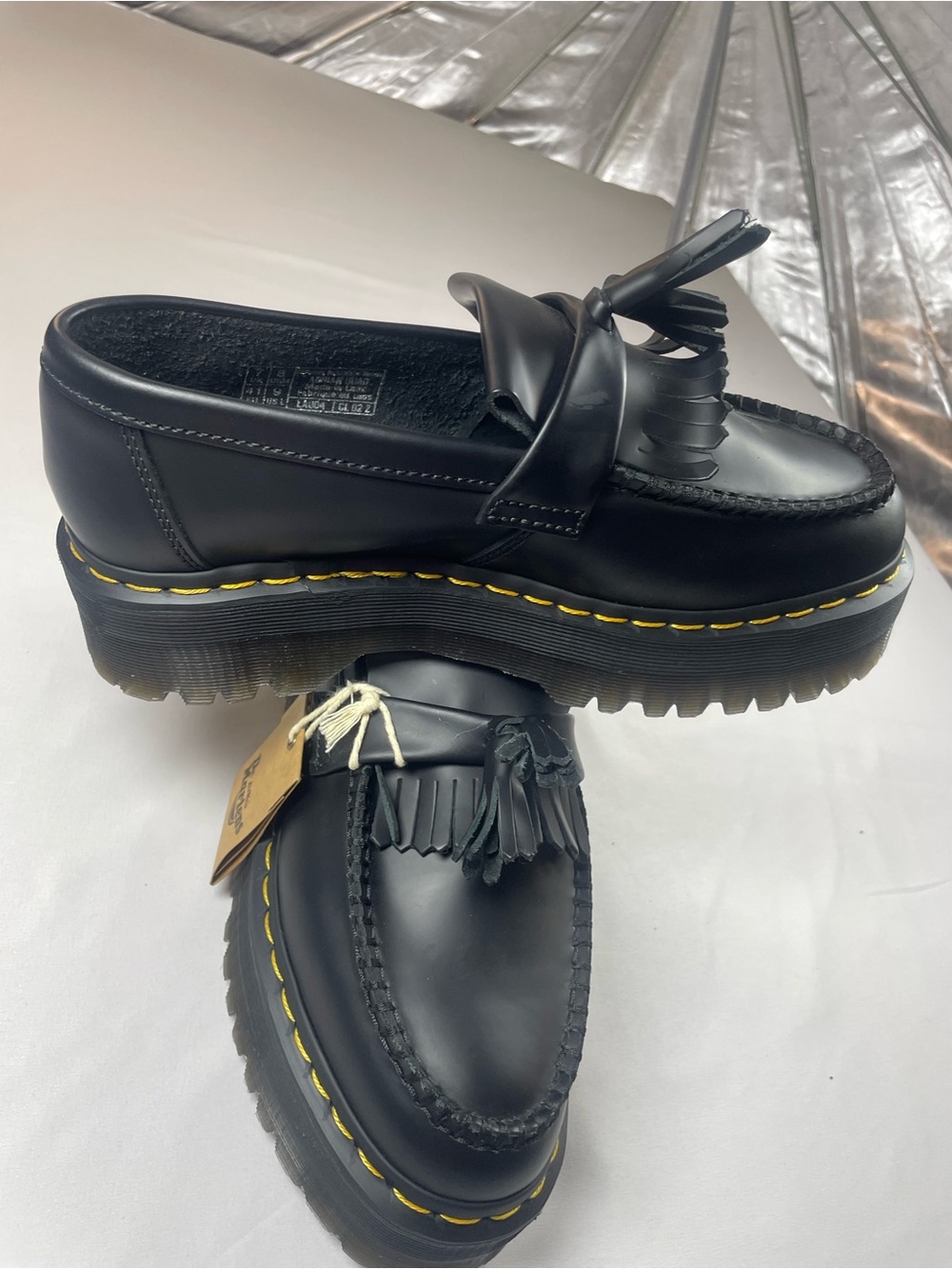 Dr. Martens Black Leather Tassel Loafers with Yellow Stitching - Picture 3 of 11
